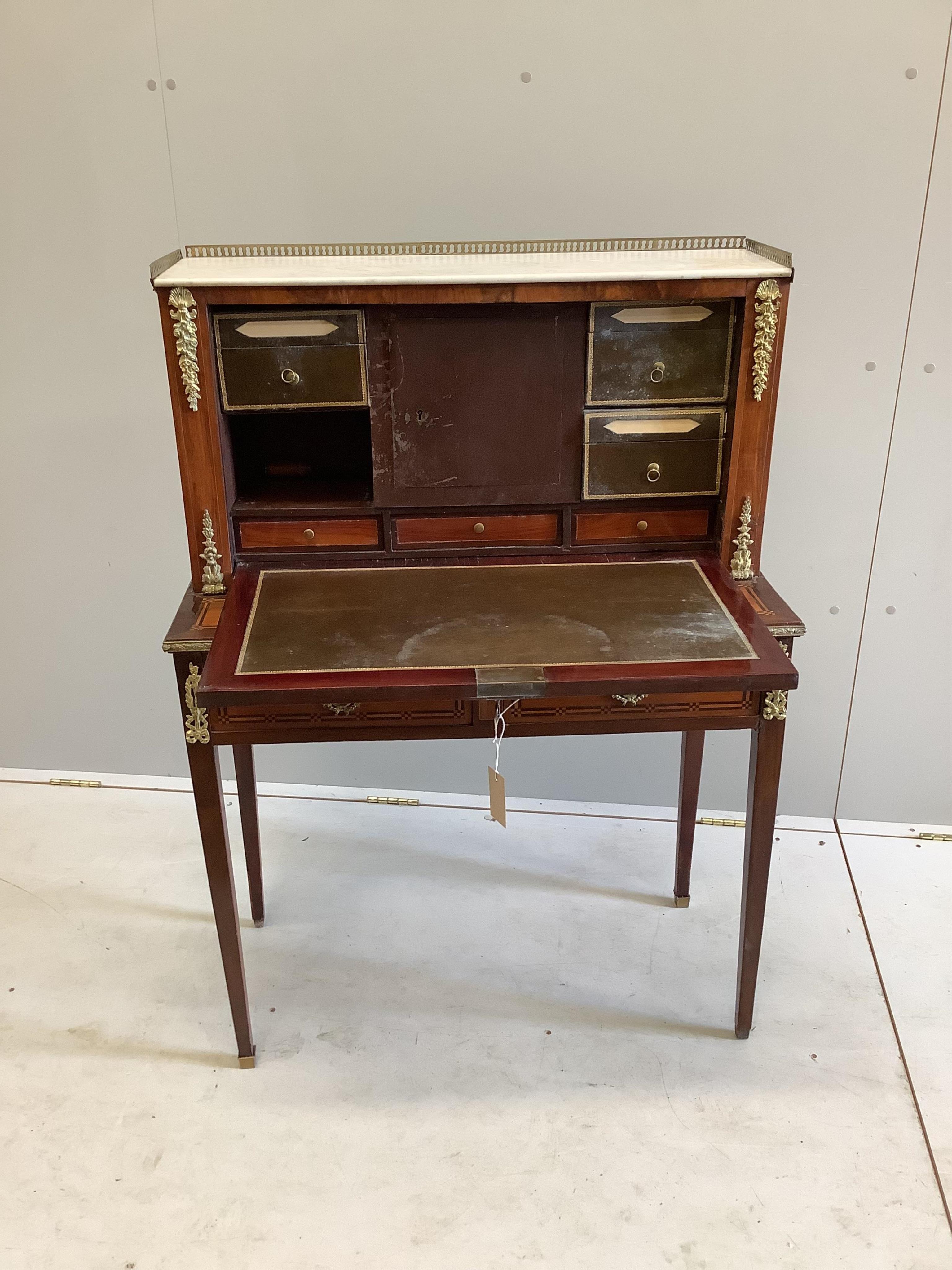 An early 20th century French bonheur du jour, width 80cm, depth 38cm, height 112cm. Condition - fair
